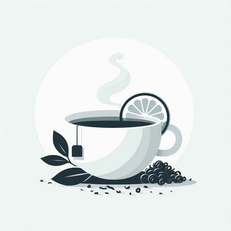 Cup of tea with lemon and black berries. Vector illustration.のイラスト素材
