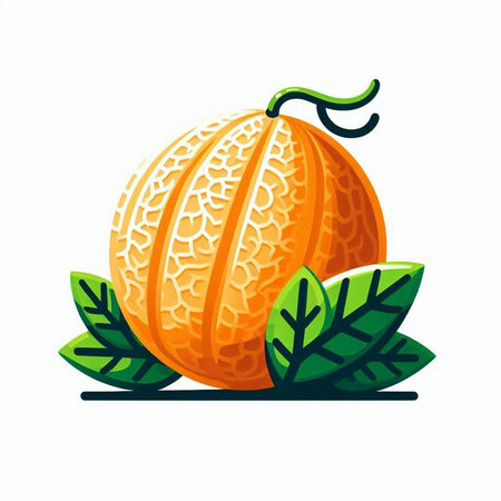 Melon with green leaves on a white background. Vector illustration.のイラスト素材