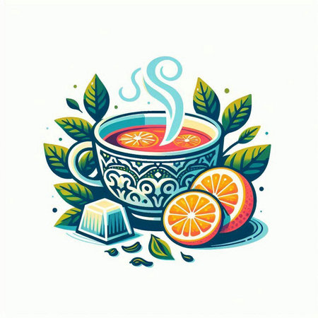 Cup of tea with orange and mint leaves. Vector illustration.のイラスト素材