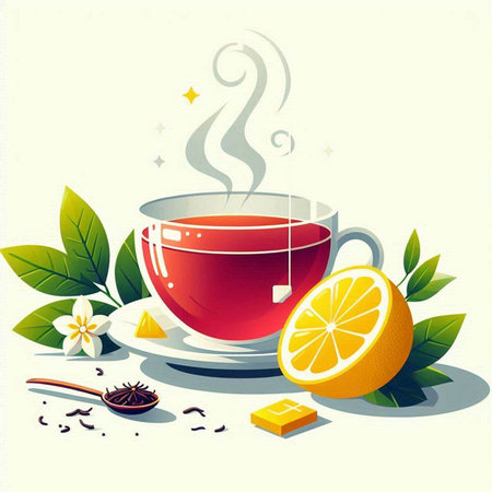 Tea with lemon and cinnamon on a white background. Vector illustration.のイラスト素材