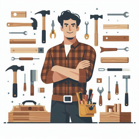 Handyman or carpenter with a set of tools. Vector illustrationのイラスト素材