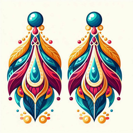 Vector illustration of earrings with feathers and beads. Colorful design.のイラスト素材