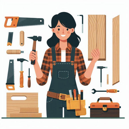 Carpenter woman working with tools. Vector illustration in flat styleのイラスト素材