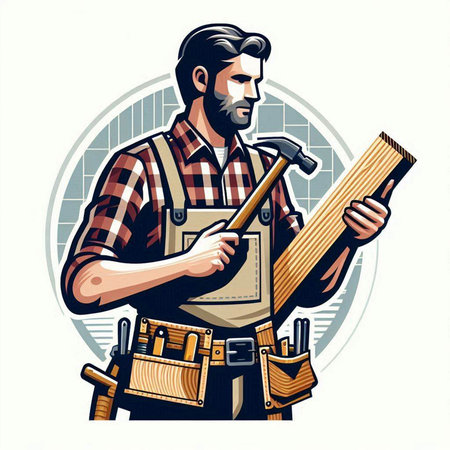 Vector illustration of a lumberjack with a hammer in his hand.のイラスト素材