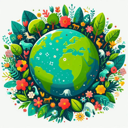 Illustration of planet earth surrounded by flowers and plants. Vector illustration.のイラスト素材