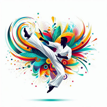 illustration of a karate man on colorful background. Vector illustrationのイラスト素材