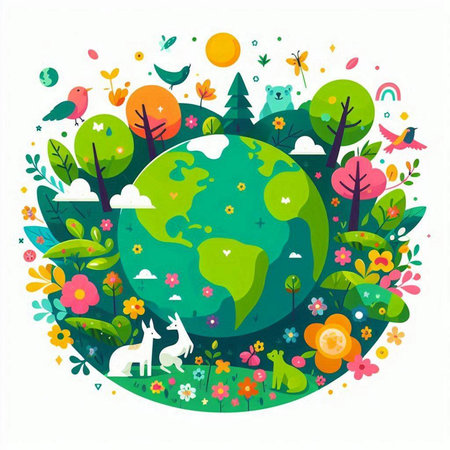 Vector illustration of Earth day background with trees, birds and animals.のイラスト素材