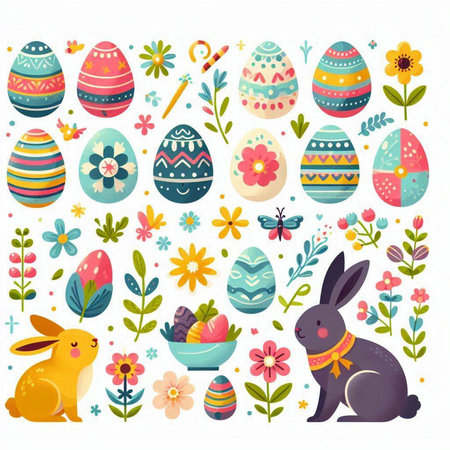 Set of easter eggs, bunnies and flowers. Vector illustration.のイラスト素材