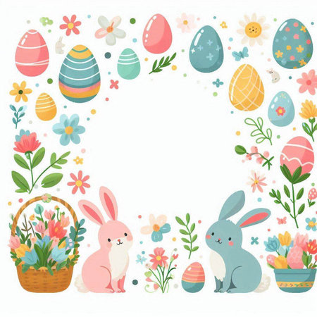 Easter frame with bunny, eggs and flowers. Vector illustration.のイラスト素材