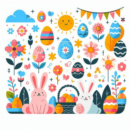 Happy Easter card with cute bunnies, flowers and eggs. Vector illustration.のイラスト素材