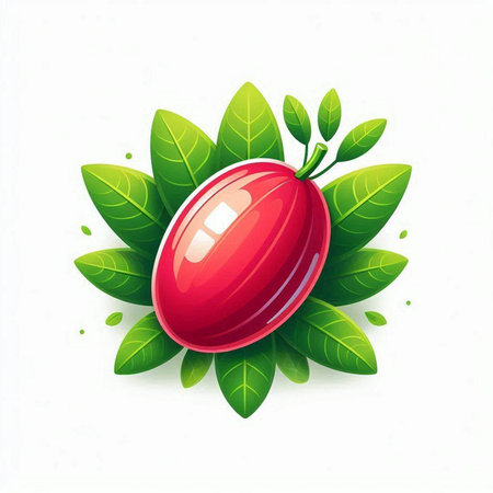 Ripe mango with green leaves on white background. Vector illustration.のイラスト素材