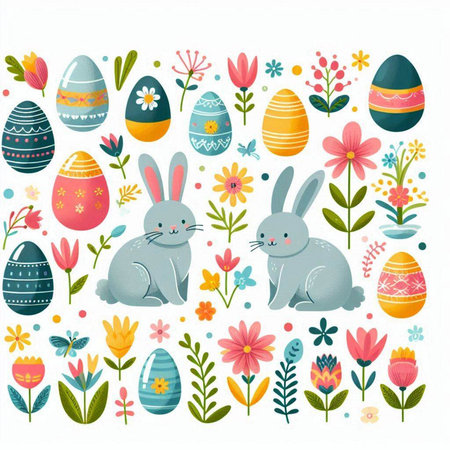 Cute Easter bunnies with eggs and flowers. Vector illustration.のイラスト素材