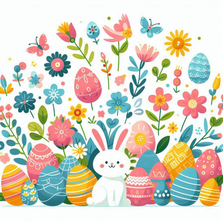 Easter background with eggs, flowers and bunny. Vector illustration.のイラスト素材