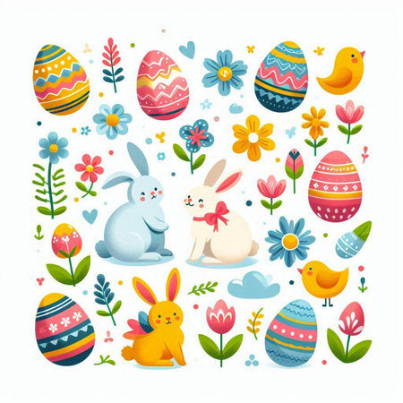 Easter bunny, eggs, flowers, birds. Cute cartoon characters. Vector illustration.のイラスト素材
