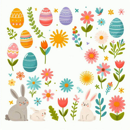 Easter background with cute bunnies, flowers and eggs.のイラスト素材