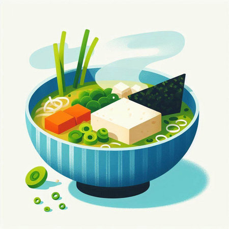 Japanese miso soup with tofu in a bowl, vector illustration.のイラスト素材