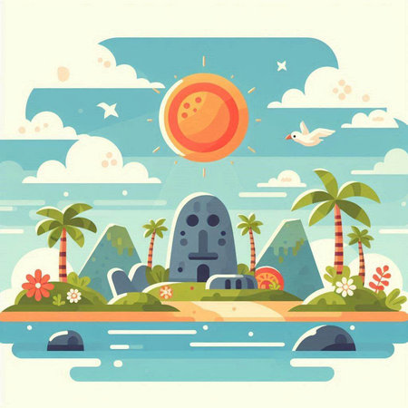 Vector illustration of tropical island in flat style. Summer vacation concept.のイラスト素材