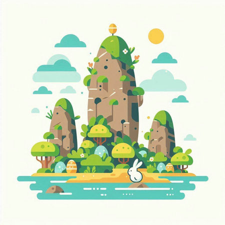 Flat design vector illustration concept of fantasy landscape with mountains, trees, grass, bushes, clouds, eggs, rabbit and rabbit.のイラスト素材
