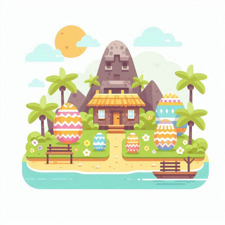 Easter holiday vector illustration. Colorful flat style design with decorated eggs on the beach.のイラスト素材