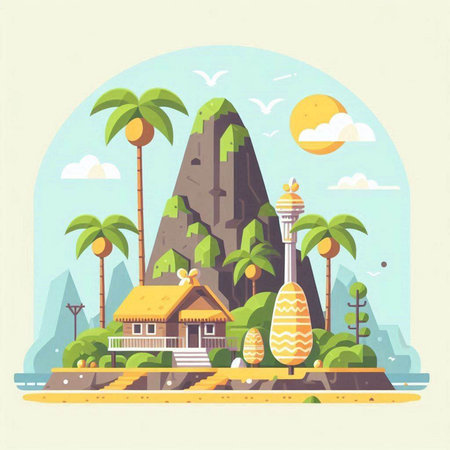Tropical island with palm trees, house, lighthouse and mountains. Vector illustrationのイラスト素材