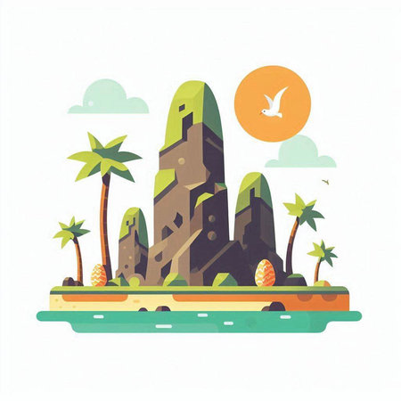 Tropical island with palm trees and seagull. Vector illustrationのイラスト素材