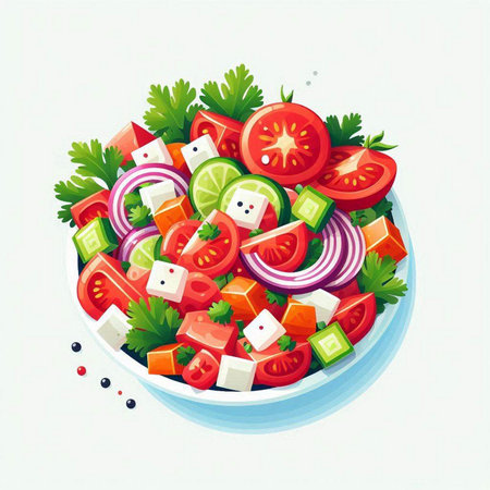 Fresh vegetable salad with tomato, cucumber, onion and parsley in a bowl. Vector illustration.のイラスト素材