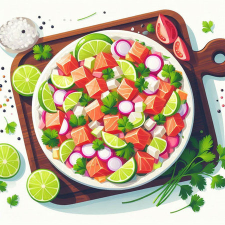 Salmon salad with cucumber, onion, parsley and lime.のイラスト素材