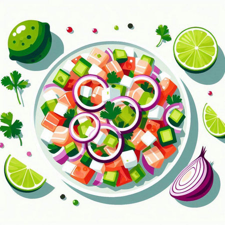 Salad with cucumber, onion and feta cheese. Vector illustration.のイラスト素材