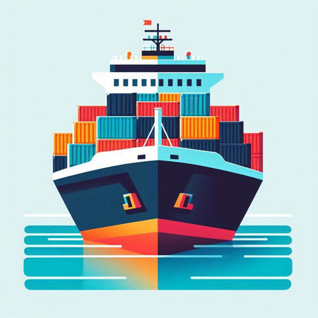 Cargo ship with containers on the water. Freight transportation. Vector illustrationのイラスト素材