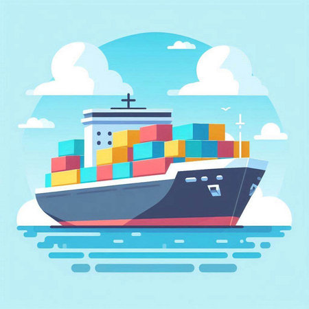 Cargo ship in the ocean. Cargo ship in flat style. Vector illustration.のイラスト素材