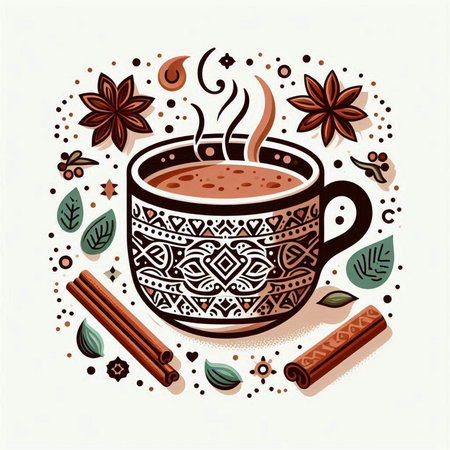 Cup of coffee with cinnamon, anise and leaves. Vector illustration.のイラスト素材