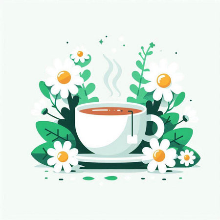 Cup of coffee with chamomile flowers. Vector illustrationのイラスト素材