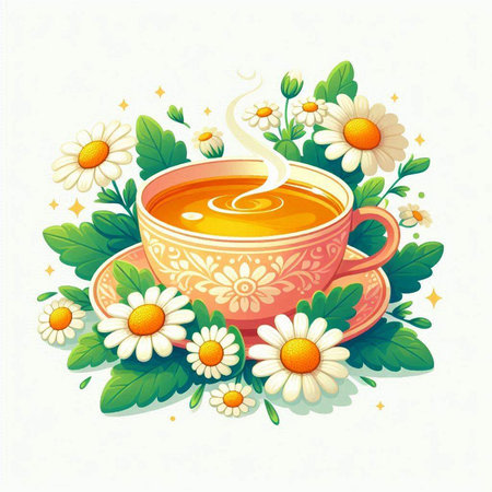 Cup of tea with chamomile flowers on white backgroundのイラスト素材