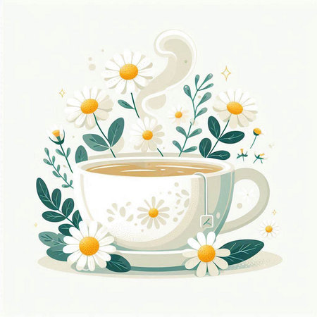Cup of tea with chamomile flowers and leaves. Vector illustration.のイラスト素材