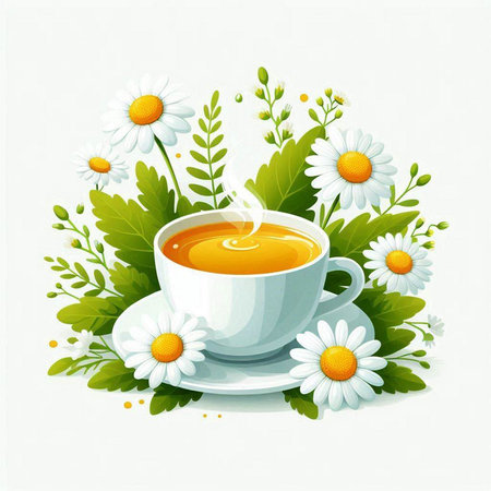 Cup of herbal tea with chamomile flowers and leavesのイラスト素材