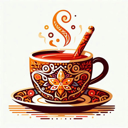 Cup of hot drink with floral ornament on a white background.のイラスト素材