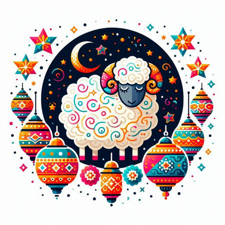 Cute sheep in the night sky. Vector illustration for your designのイラスト素材