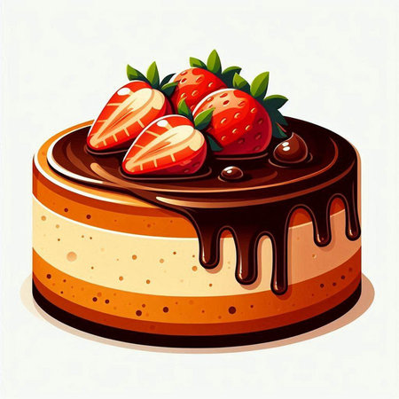 Chocolate cake with strawberries on a white background. Vector illustration.のイラスト素材