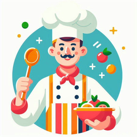 Chef man with ladle and bowl of vegetables vector flat illustration.のイラスト素材