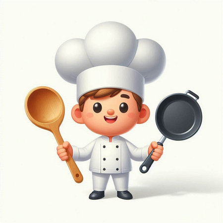 Illustration of a little chef with a pan and a ladleのイラスト素材