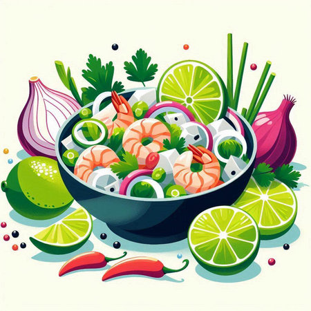 Seafood salad with shrimps, lime, onion, parsley and chili pepper. Vector illustration.のイラスト素材