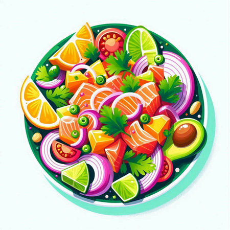 Salmon salad with avocado, tomato, onion and cucumber. Vector illustration.のイラスト素材