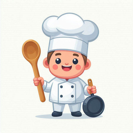 Chef boy with ladle. Cute cartoon character. Vector illustrationのイラスト素材
