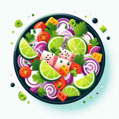 Salad with cucumber, tomato, onion, pepper, parsley and lime. Vector illustration.のイラスト素材