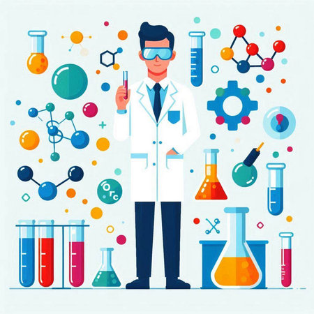 Scientist with equipment and science experiments. Flat style vector illustration.のイラスト素材