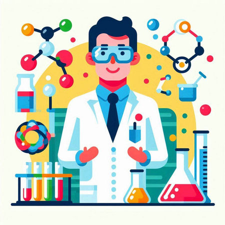 Scientist in laboratory. Vector illustration in flat style. Chemistry, biology, medicine.のイラスト素材