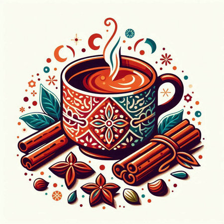 Cup of coffee with cinnamon, star anise and cloves. Vector illustration.のイラスト素材
