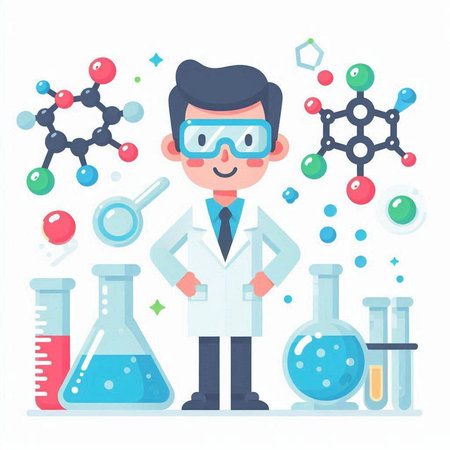 Scientist man with chemical lab equipment. Vector illustration in flat styleのイラスト素材