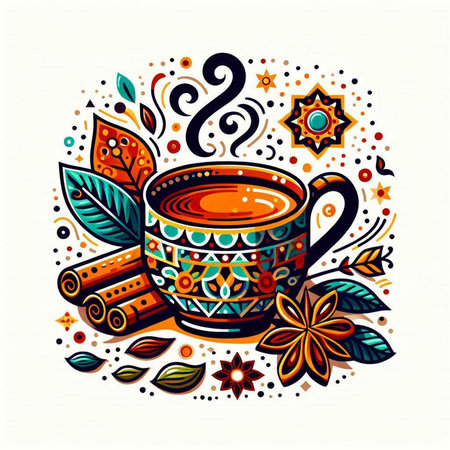 Cup of tea with cinnamon and floral ornament. Vector illustration.のイラスト素材