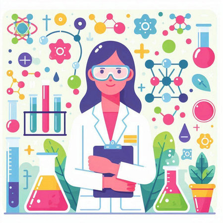 Flat vector illustration of scientist in laboratory. Science and education concept.のイラスト素材